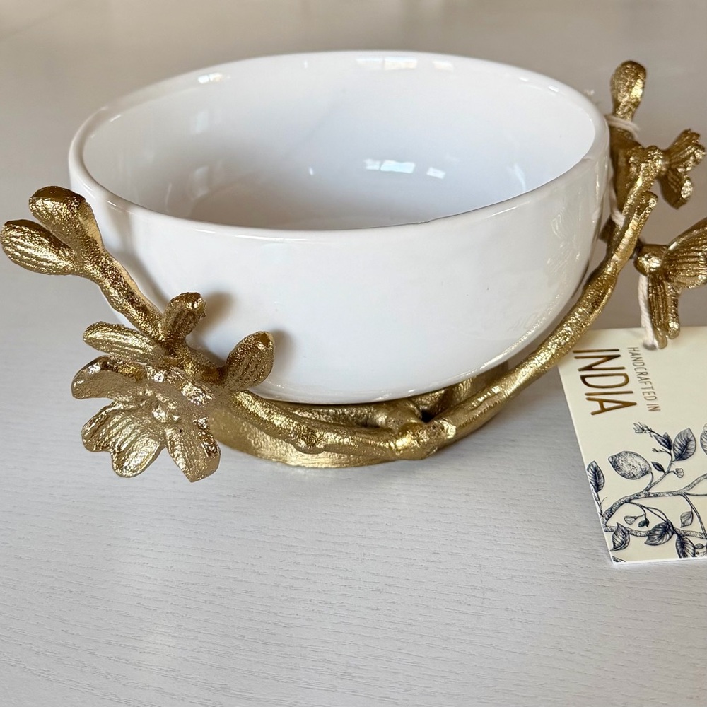 White Ceramic Bowl with Gold Branch Design - Picture 1 of 11